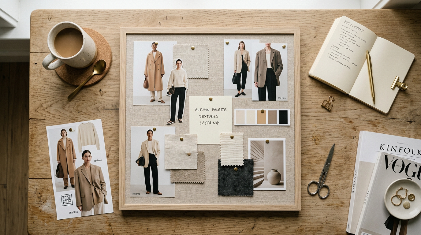 Mood board with beige and black fashion photos, fabric samples, and color palette on wood table
